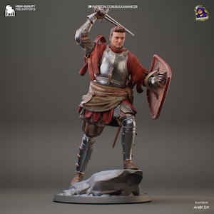 Peut inclure: Figurine détaillée d'un chevalier médiéval en armure complète, tenant une épée levée et un bouclier. Le chevalier porte une cape et une tunique rouges, avec une armure argentée. La base est une pierre grise. Le texte sur l'image indique "HIGH-QUALITY PRE-SUPPORTS" et "PATREON.COM/BULKAMANCER".