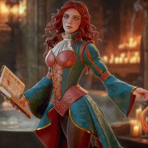 Peut inclure: Une femme vêtue d'un costume rouge et bleu tient un livre à la couverture rouge et aux accents dorés. Elle a de longs cheveux roux et porte une ceinture dorée. L'arrière-plan est une pièce sombre et floue avec des bougies.