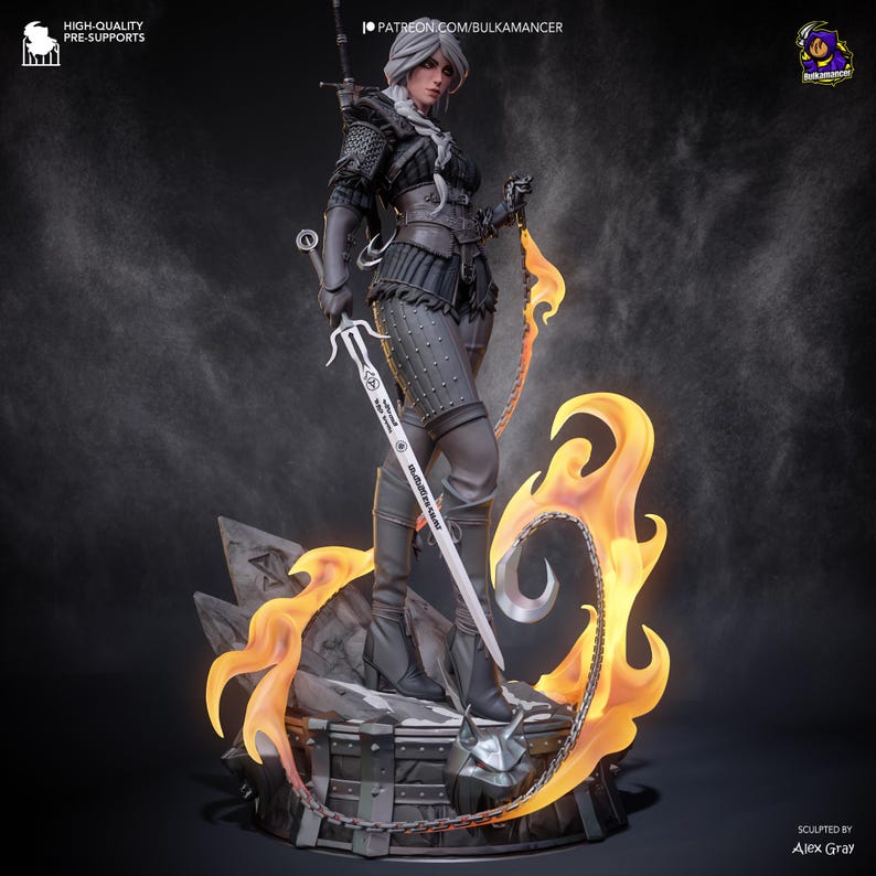 May include: A detailed statue of a woman in dark armor, holding a sword and chain, with fiery orange accents. The statue is on a stone base with the text "HIGH-QUALITY PRE-SUPPORTS" and "PATREON.COM/BULKAMANCER". Sculpted by Alex Gray.