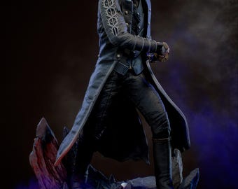 May include: A detailed statue of a character in a long, dark blue coat and black pants, standing on a rocky base with glowing pink orbs. The figure has white hair and is holding a weapon. The KC Studio logo is in the top left.
