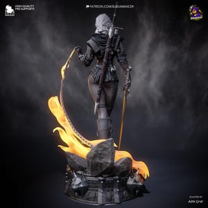 May include: A detailed statue of a female warrior, clad in dark armor, holding a sword and chain. The figure stands atop a rocky base with stylized flames. The statue has a sword on her back. The text "HIGH-QUALITY PRE-SUPPORTS" and "PATREON.COM/BULKAMANCER" are visible.