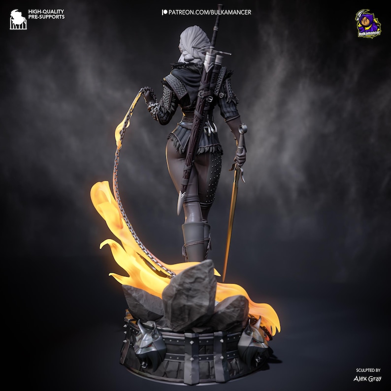 May include: A detailed statue of a female warrior, clad in dark armor, holding a sword and chain. The figure stands atop a rocky base with stylized flames. The statue has a sword on her back. The text "HIGH-QUALITY PRE-SUPPORTS" and "PATREON.COM/BULKAMANCER" are visible.
