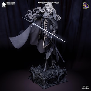 May include: A detailed statue of a character in a dark outfit, holding a sword. The figure has long, flowing white hair and is standing on a decorative base. The image includes text that reads "HIGH-QUALITY PRE-SUPPORTS" and "PATREON.COM/BULKAMANCER".