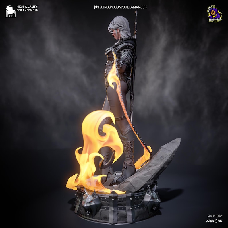 May include: A detailed figurine of a character with white hair, clad in dark armor and clothing, holding a sword with a fiery blade. The figure stands on a stone base with flames, with text that reads "HIGH-QUALITY PRE-SUPPORTS" and "PATREON.COM/BULKAMANCER".