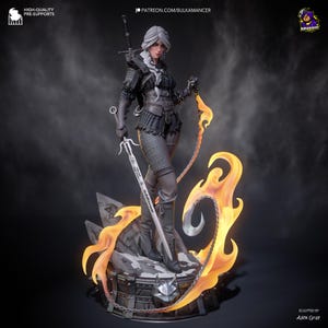May include: A detailed statue of a woman with white hair, clad in dark armor, holding a sword and a chain with flames. The base is a stone-like structure with a metal emblem. The statue is sculpted by Alex Gray.