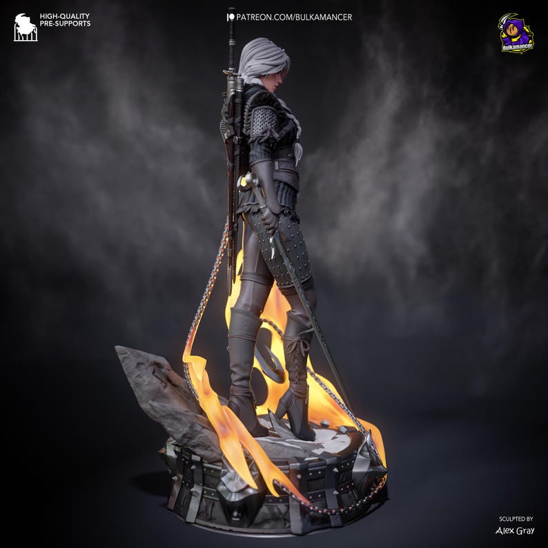 May include: A detailed figurine of a woman warrior with silver hair, clad in black armor and boots, holding a sword. The figure stands on a rocky base with flames, with the text "PATREON.COM/BULKAMANCER" and "HIGH-QUALITY PRE-SUPPORTS" visible.