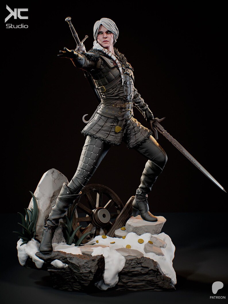 Op de afbeelding: Gedetailleerd beeld van een personage in een donkere outfit, met twee zwaarden, met een vastberaden uitdrukking. De figuur staat op een besneeuwde basis met een houten wiel en gouden munten. Het KC Studio-logo staat linksboven.