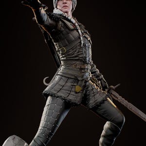 Op de afbeelding: Een gedetailleerd beeld van een personage in donkere bepantsering, met een zwaard en gebarend met een opgeheven hand. De figuur heeft wit haar en staat tegen een donkere achtergrond. Het beeld is van KC Studio.