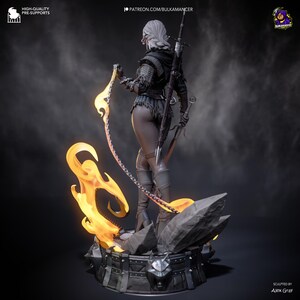 May include: A detailed statue of a female warrior with white hair, clad in dark armor, holding a sword and a flaming chain. The figure stands on a rocky base with a fiery effect, with text that reads "HIGH-QUALITY PRE-SUPPORTS" and "PATREON.COM/BULKAMANCER".