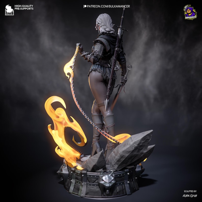 May include: A detailed statue of a female warrior with white hair, clad in dark armor, holding a sword and a flaming chain. The figure stands on a rocky base with a fiery effect, with text that reads "HIGH-QUALITY PRE-SUPPORTS" and "PATREON.COM/BULKAMANCER".