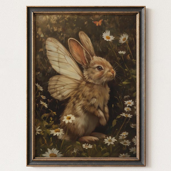 Bunny Fairy Woodland Art Print, Whimsical Cottagecore Nursery Artwork