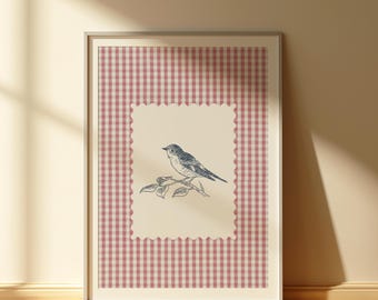 Vintage Bird Wren Gingham Print , Printable Wall Art, For Home And Nursery, Nature Wall Art, Digital Download