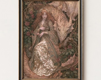 May include: A framed fantasy art print featuring a woman with long red hair and a golden crown, seated beside a large dragon. The artwork is set in a garden with roses and vines, with a color palette of greens, browns, and golds.