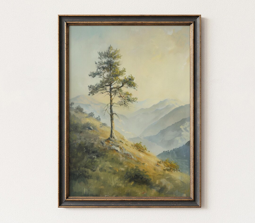 Lone Tree Mountain Landscape Print, Minimalist Misty Hills Nature ...