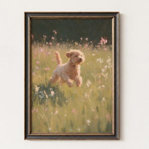 May include: A framed print depicting a light brown dog frolicking in a field of wildflowers. The artwork has a vintage aesthetic with a dark, ornate frame. The dog is the focal point, captured mid-leap in a vibrant, floral meadow.