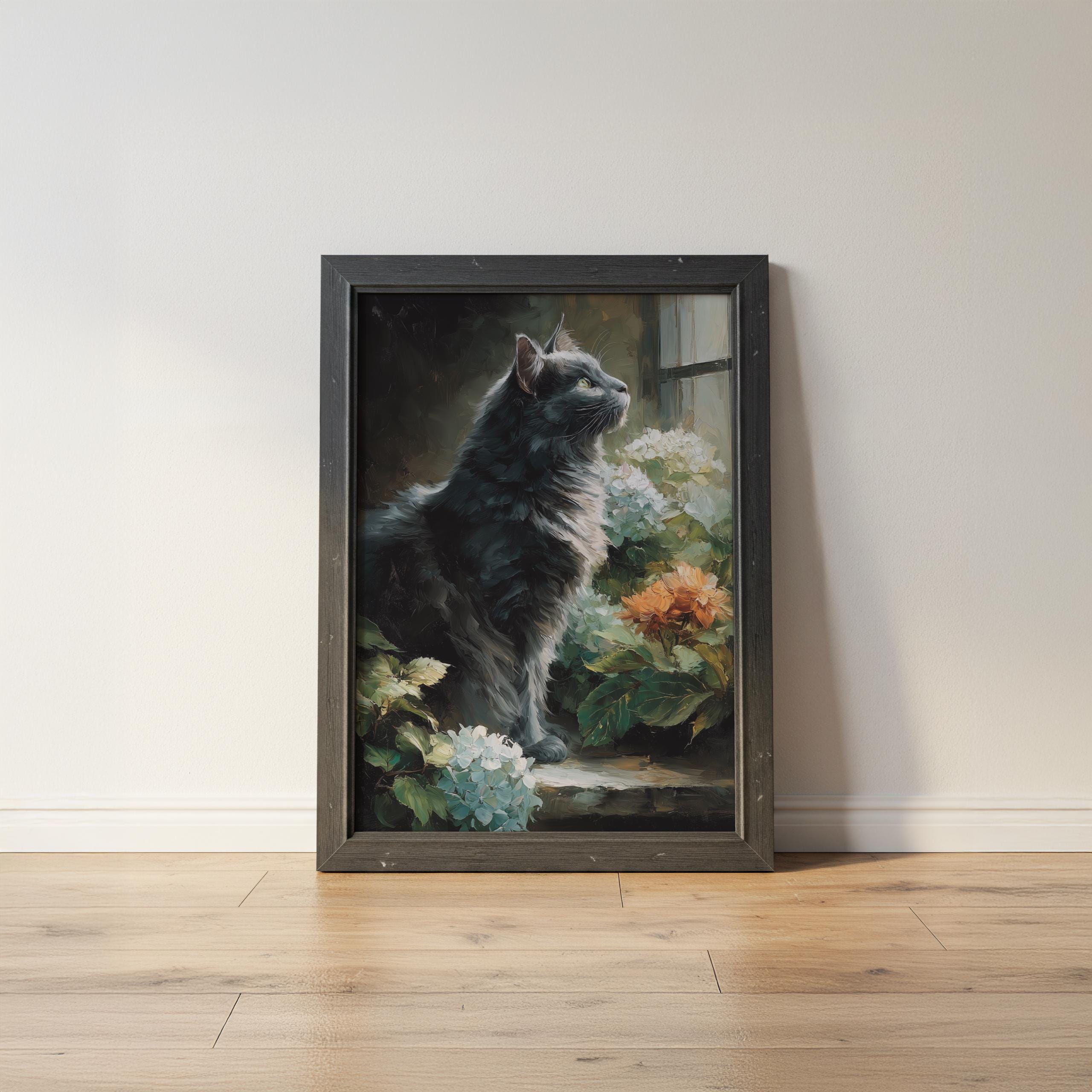 Black Cat Wall Art Print, Moody Cat Painting, Dark Cottagecore Cat ...