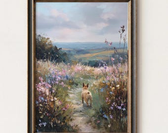 French Bulldog Wall Art, Dog Meadow Print, Frenchie Cottagecore Dog Painting