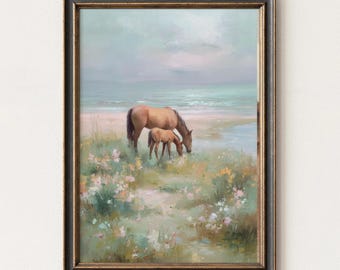Horse and Foal Print, Coastal Meadow Wall Art, Pastel Landscape Painting, Soft Nature Decor