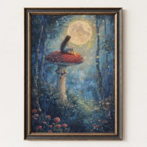 May include: A framed painting depicts a serene forest scene. A figure sits atop a red mushroom with white spots, illuminated by a full moon. The artwork features a dark frame and a whimsical, dreamlike quality, with soft colors and details.