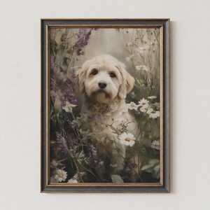 Peut inclure: Une impression d'art encadrée représentant un chien au pelage clair et duveteux, assis au milieu d'un jardin de marguerites blanches et de fleurs sauvages violettes. Le chien a un pelage crème et des yeux sombres, dans un cadre sombre.
