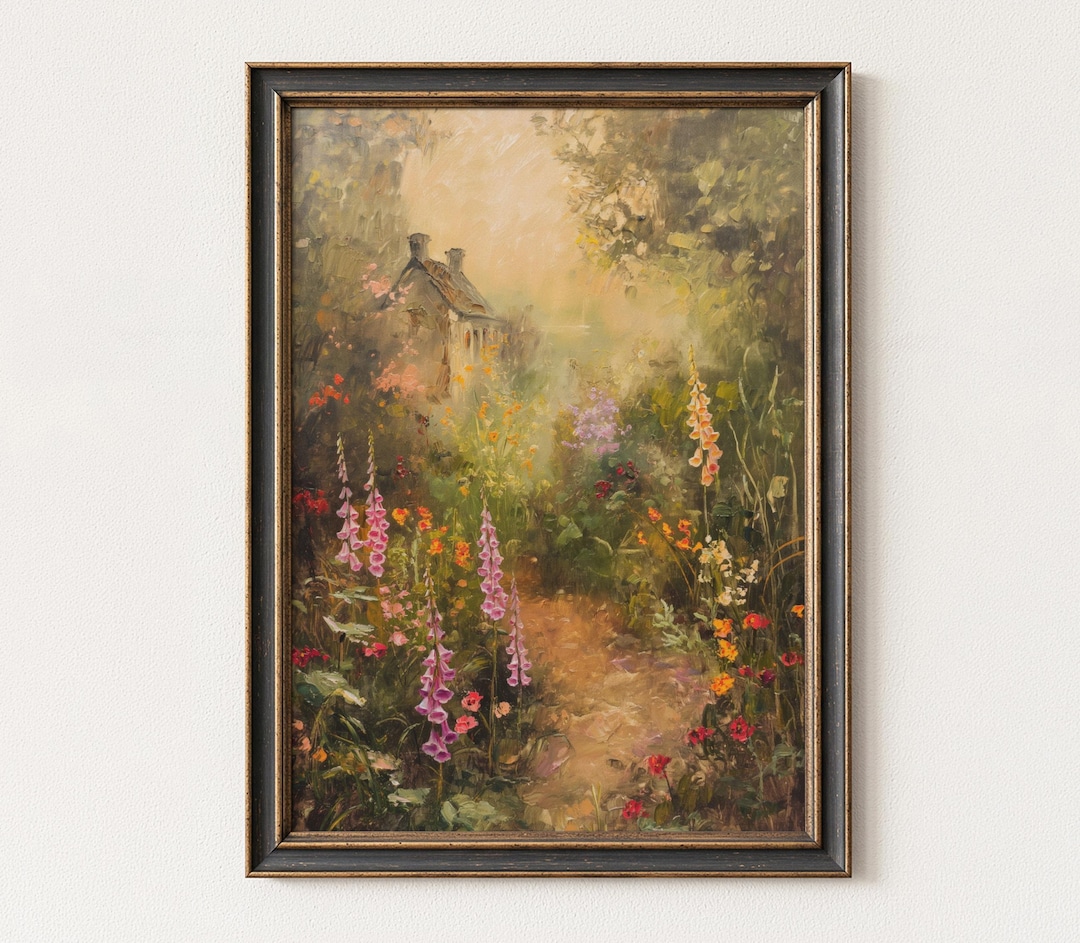 Cottage Garden Wall Art Print, Foxglove Flower Landscape Painting ...