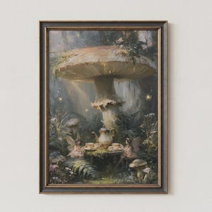 May include: A framed wall art print featuring a large, central mushroom in a dark, forested setting. Two small winged figures sit at a table beneath the mushroom cap, with a teapot and teacups arranged on the surface amidst ferns and foliage.