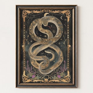 May include: Framed art print depicting two snakes, brown and grey, intertwined against a dark, starry backdrop. The artwork is framed in a black frame with gold decorative accents, including floral and celestial motifs.