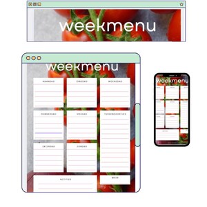 May include: Digital weekly menu design with a tomato background. The word "weekmenu" is displayed on a computer screen, a tablet, and a smartphone. The menu includes sections for each day of the week.