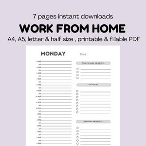 Work from Home Planer, Personal Tagesplaner, täglicher Stundenplaner, Sofort Download, A5/A4/Letter/Half Letter