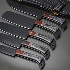Hand Forged D2 Steel Chef / kitchen Knife Set of 5 Pc With Leather Sheath , Handmade BBQ Knife Set ,Birthday And Anniversary Gift USA & EU