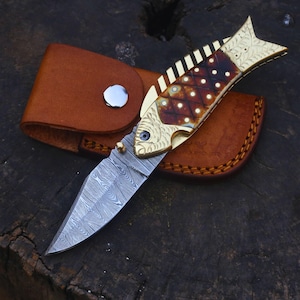 Handgefertigtes Fisch Taschenmesser Damast Klappmesser Knochen Griff, Geschenk für Ihn Jagd & Camping, Trauzeuge Geschenk, Geschenk für jeden Anlass