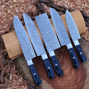 Handmade Damascus Steel Chef Knife Set of 5 Pc, Kitchen Knife Set, Groomsman Gift, Anniversary, Gift for Husband, Dad , Christmas Gift.
