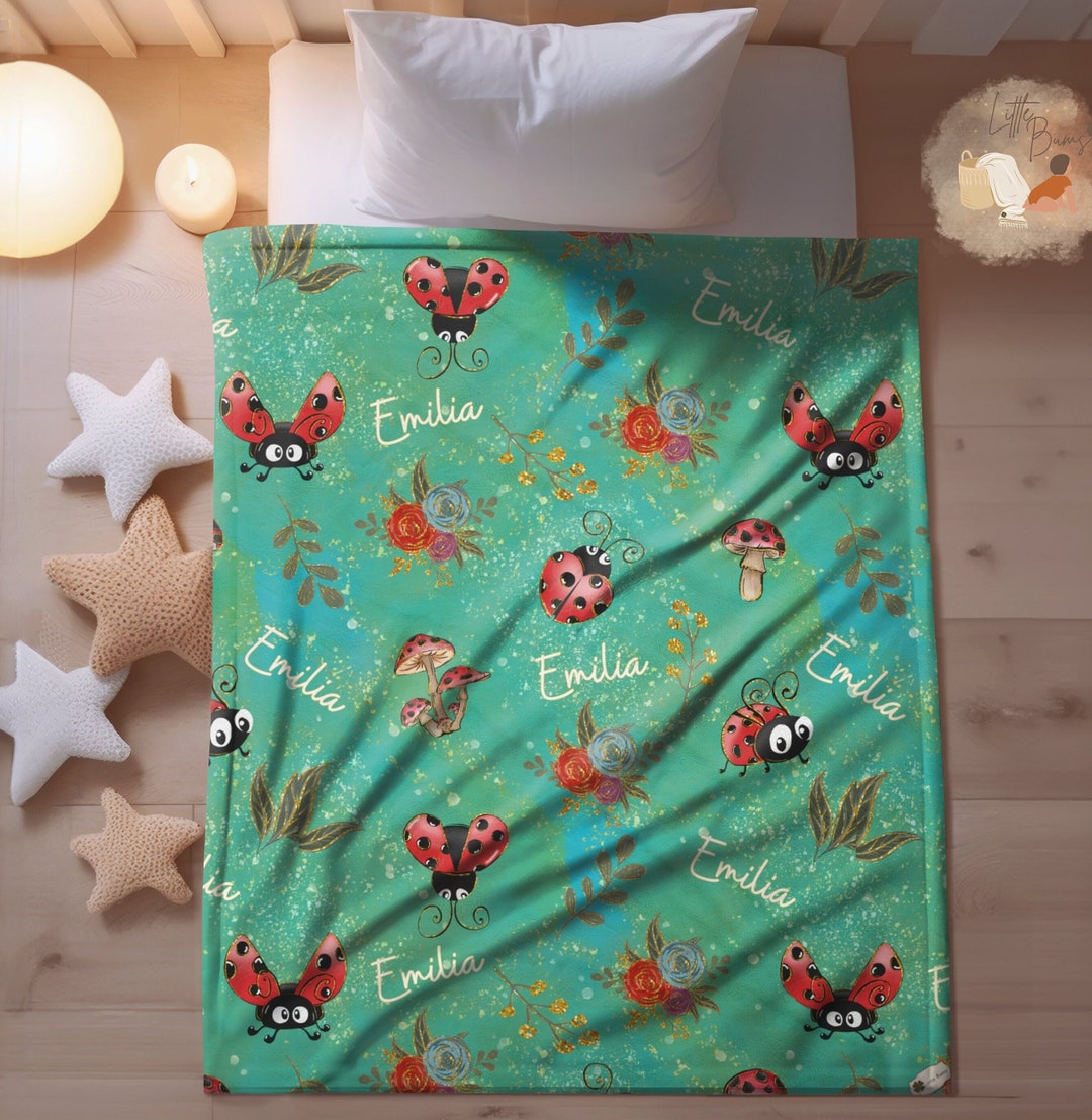 Personalized Ladybug Blanket, Ladybug Floral Blanket, Custom Name Soft