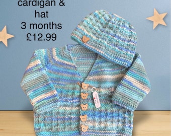 Baby Hand Knitted Cardigan and hat set. Up to 3 months