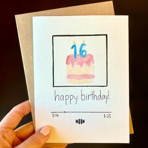 Carte d'anniversaire personnalisée d'âge 16e aquarelle carte de gâteau de joyeux anniversaire carte d'âge personnalisée carte d'anniversaire de musique carte d'anniversaire faite main drôle