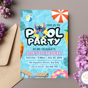 Invitation personnalisée de fête d'anniversaire de piscine de point et d'ange, invitation d'anniversaire de point, invitation d'anniversaire de point, invitation de partie de piscine de point