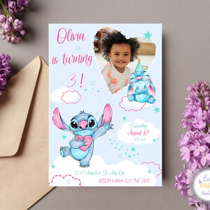 Faire-part personnalisé au point avec photo, faire-part d'anniversaire au point avec photo, faire-part Lilo Stitch pour enfants, faire-part au point avec photo