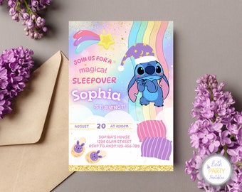 May include: A colorful invitation for a sleepover party with a cartoon Stitch character wearing a nightcap. The invitation says "Join us for a magical sleepover Sophia is turning 7!" with the date and time of the party, the address, and RSVP information.