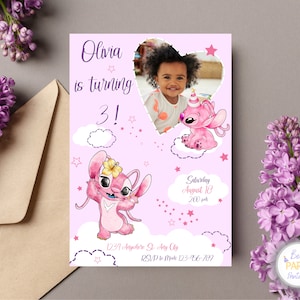 Invitation personnalisée d'ange avec photo, invitation d'anniversaire de point d'ange avec photo, invitation de point rose pour des enfants, invitation d'anniversaire d'ange