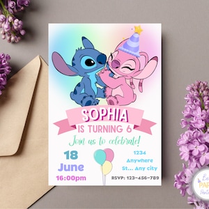 Invitación personalizada a la fiesta de cumpleaños de Stitch y Angel, invitación de cumpleaños de Stitch, invitación de ángel para niños, tarjeta de cumpleaños de Stitch