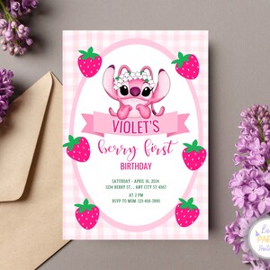 Faire-part de première fête d'anniversaire de baies d'ange de point, première invitation personnalisée de baies d'ange, premier anniversaire de baies de point d'ange d'invitation