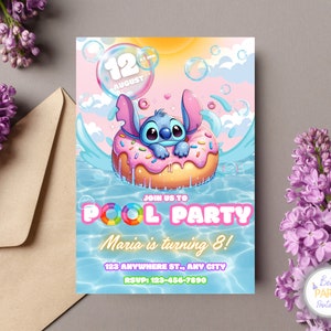 Convite personalizado para festa na piscina de aniversário de Stitch e Angel, convite de aniversário de Stitch, convite de aniversário de Stitch, convite de festa na piscina de Stitch