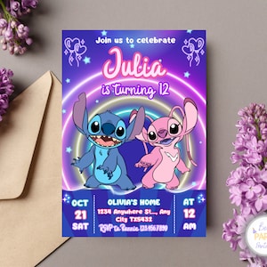 Stitch and Angel Neon Birthday Party Invitation, Personalized Stitch Birthday Invitation, Stitch and Angel Neon Glow Party Invite