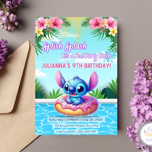 Convite personalizado para festa na piscina de aniversário de Stitch e Angel, convite de aniversário de Stitch, convite para festa na piscina de anjo, convite para festa na piscina de Stitch