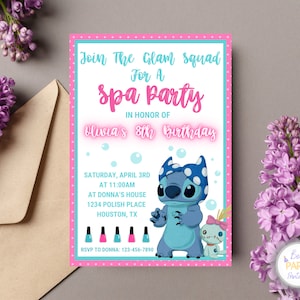 Faire-part personnalisé à une fête de spa Stitch, une invitation à une fête d'anniversaire au spa Stitch, une invitation à une soirée spa Stitch, une invitation d'anniversaire à thème spa Stitch