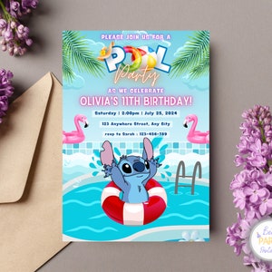 Invitation personnalisée de fête d'anniversaire de piscine de point et d'ange, invitation d'anniversaire de point, invitation de partie de piscine d'ange, invitation de partie de piscine de point