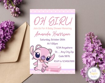 May include: Pink baby shower invitation with a cartoon Stitch character. The invitation says "Oh Girl!" and includes the text "Join Us For A Baby Shower Honoring Amanda Harrison" and details for the event.