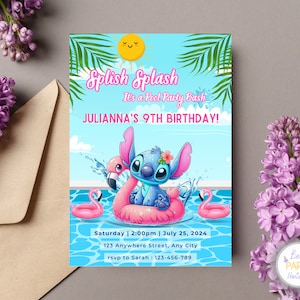 Invitación personalizada para fiesta de cumpleaños en la piscina de Stitch y ángel, invitación de cumpleaños de Stitch, invitación para fiesta de ángel en la piscina, invitación para fiesta de Stitch en la piscina