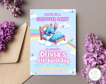 May include: A blue and pink birthday invitation with a cartoon Stitch character sleeping in a bed on a cloud. The invitation says "Join us for a sleepover party to celebrate Olivia's 8th birthday" and includes the date, time, and RSVP information.