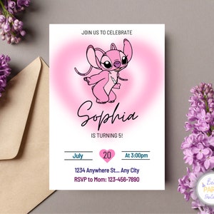 Invitación personalizada para fiesta de cumpleaños de Stitch y ángel, invitación de cumpleaños de Stitch, invitación de ángel para niños, tarjeta de cumpleaños de Stitch